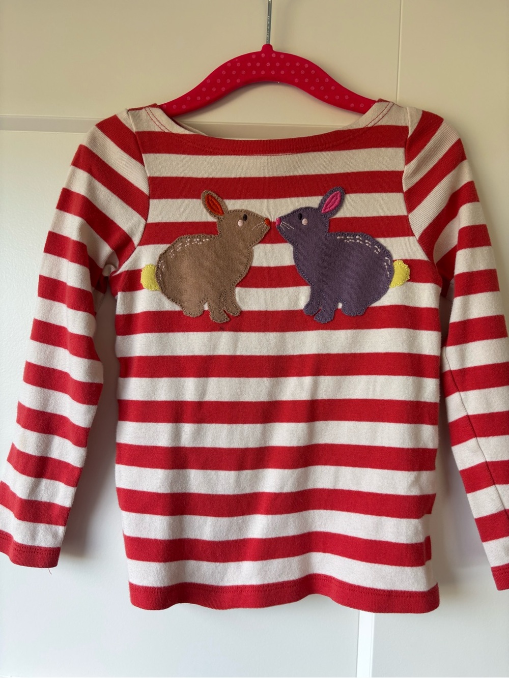 Mini Boden Red & White Striped Long Sleeve Top with Bunny Appliques